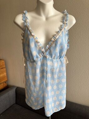 Ambrielle Light Blue & White Polka Dot Ruffle-Trim Chemise tank